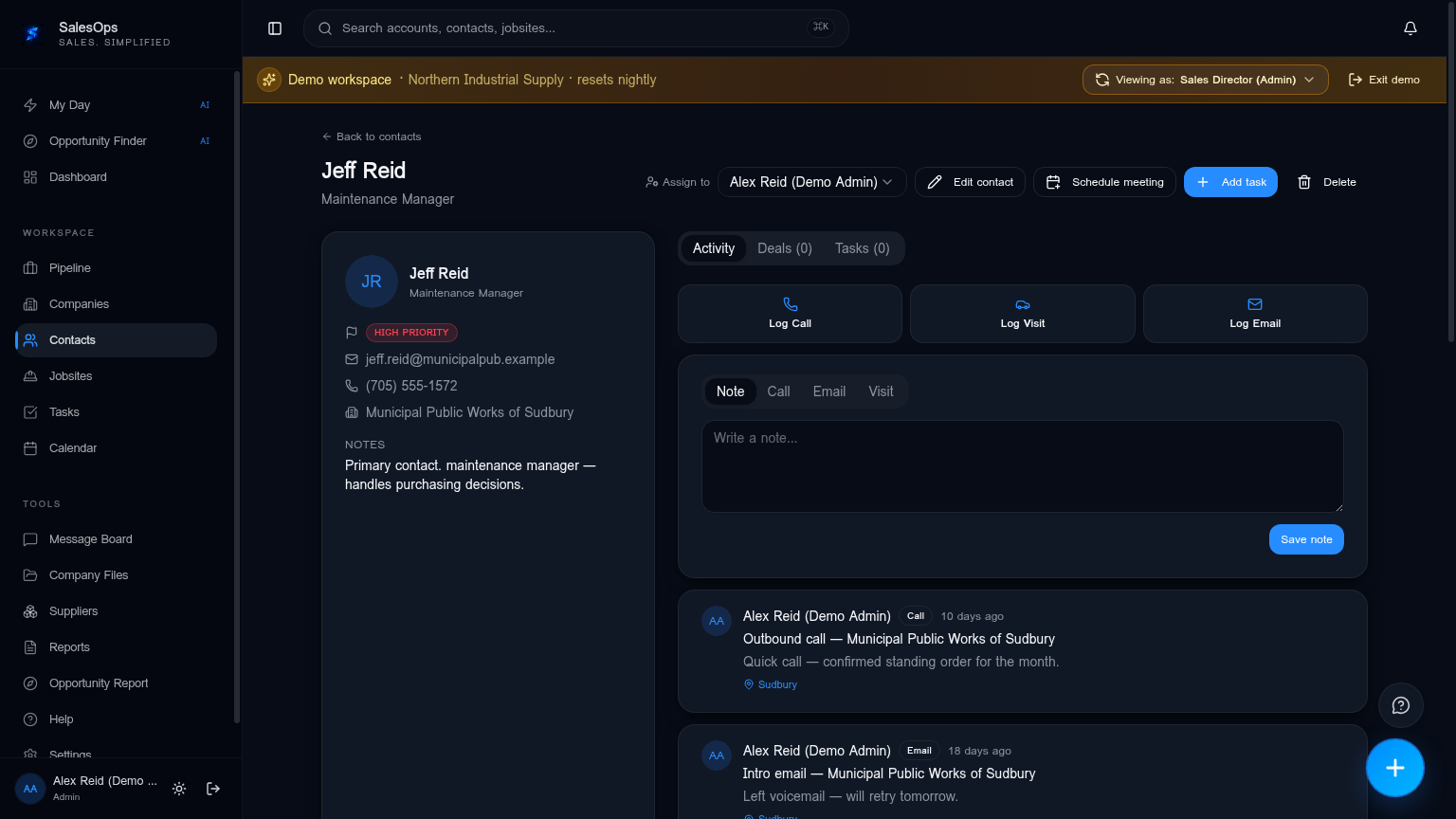 SalesOps contact detail — Log Call, Log Visit, Log Email actions plus an activity timeline.
