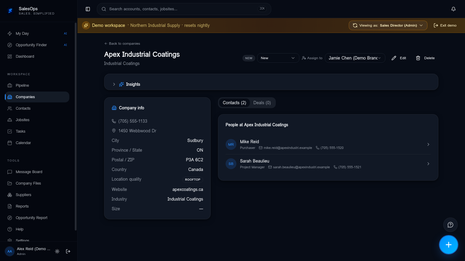 SalesOps company detail with linked people, address, and history.