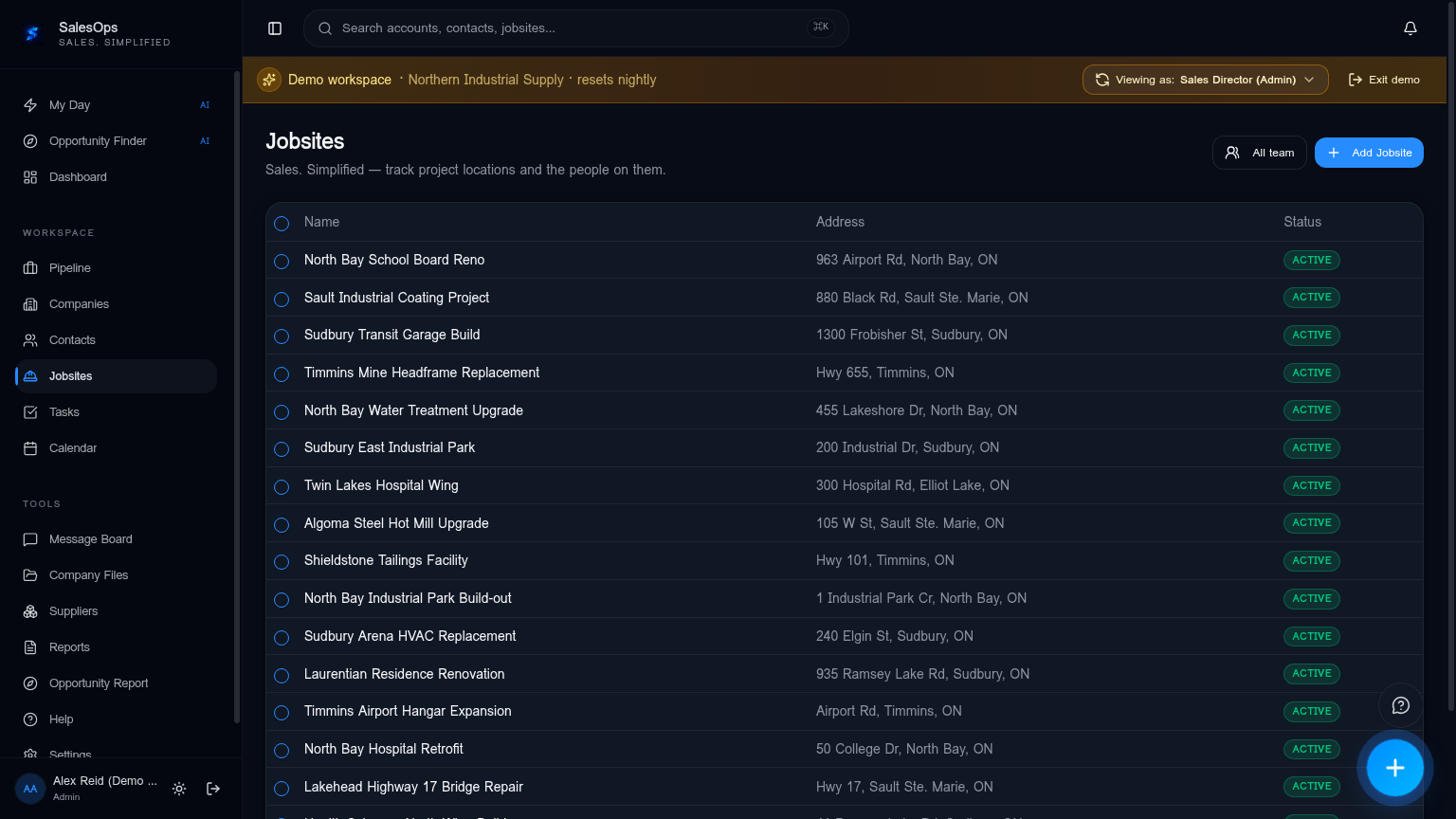 SalesOps Jobsites list across multiple cities.