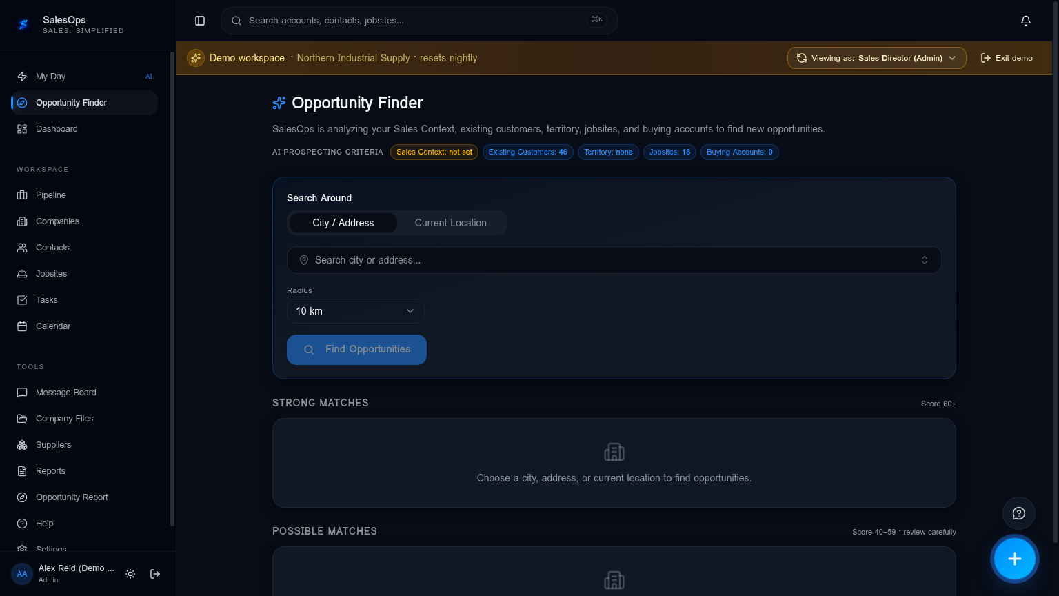 Opportunity Finder with ICP-aware match buckets.
