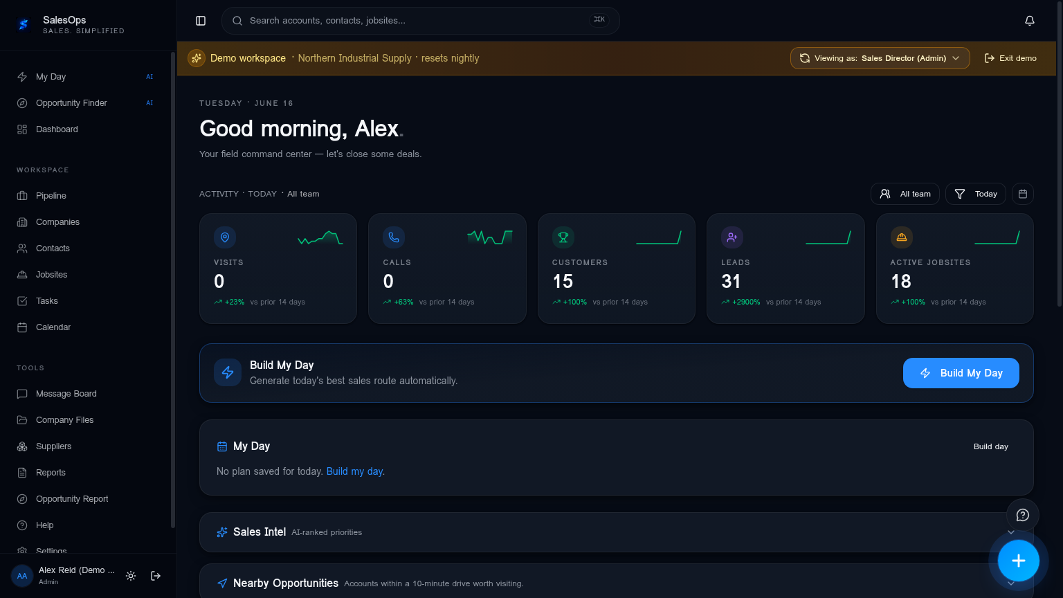 SalesOps Dashboard — the unified command center for outside sales teams: today's visits, follow-ups, pipeline health, and territory intelligence.